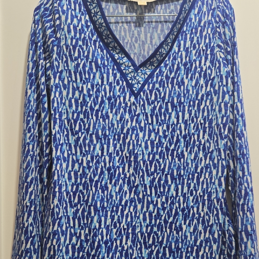 Michael Kors Blue Geometric V-Neck Top